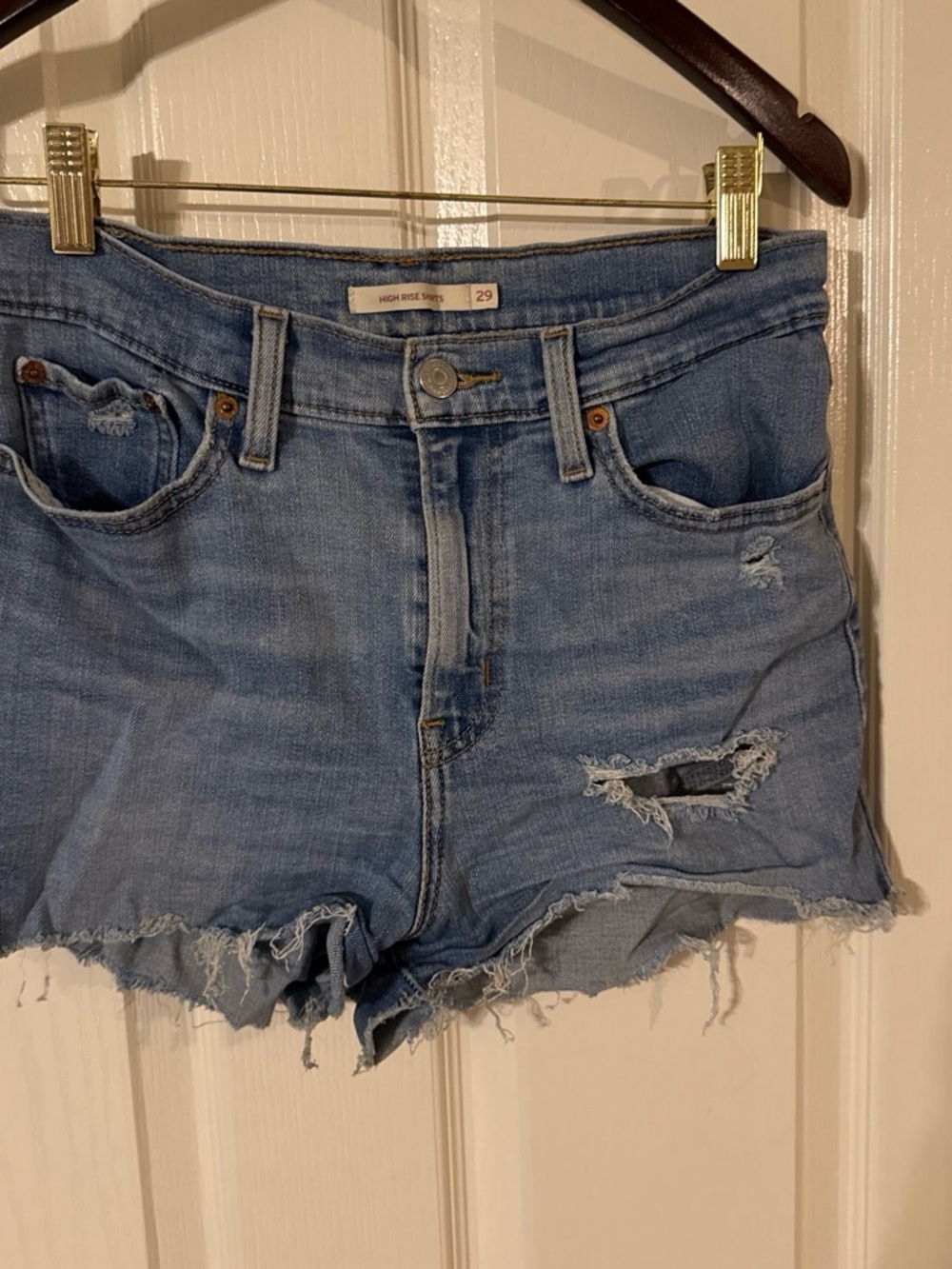 High-Rise Distressed Denim Shorts - Light Blue